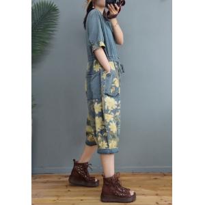 Half Sleeve Yellow Printed Baggy Coveralls Belted Cropped Jumpsuits