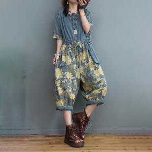 Half Sleeve Yellow Printed Baggy Coveralls Belted Cropped Jumpsuits