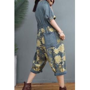 Half Sleeve Yellow Printed Baggy Coveralls Belted Cropped Jumpsuits