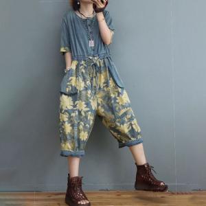 Half Sleeve Yellow Printed Baggy Coveralls Belted Cropped Jumpsuits