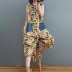 Tropical Printed Sleeveless Jumpsuits Plus Size Denim Cropped Pants