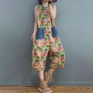 Tropical Printed Sleeveless Jumpsuits Plus Size Denim Cropped Pants