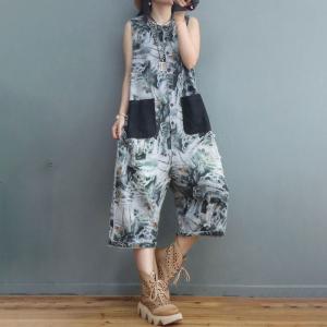 Tropical Printed Sleeveless Jumpsuits Plus Size Denim Cropped Pants