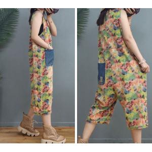 Tropical Printed Sleeveless Jumpsuits Plus Size Denim Cropped Pants