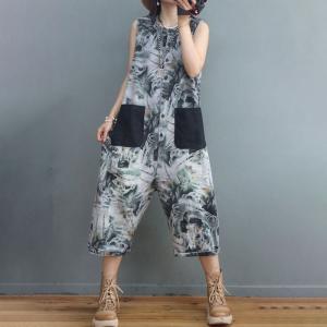 Tropical Printed Sleeveless Jumpsuits Plus Size Denim Cropped Pants