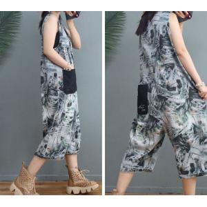 Tropical Printed Sleeveless Jumpsuits Plus Size Denim Cropped Pants