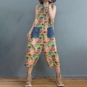 Tropical Printed Sleeveless Jumpsuits Plus Size Denim Cropped Pants