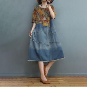 Raw Hem Denim Midi Dress Printed Fringed Jean Shift Dress