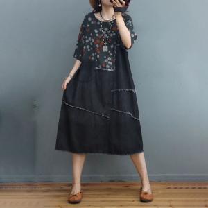 Raw Hem Denim Midi Dress Printed Fringed Jean Shift Dress