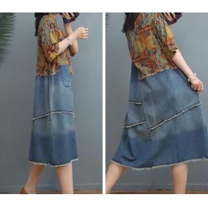 Raw Hem Denim Midi Dress Printed Fringed Jean Shift Dress