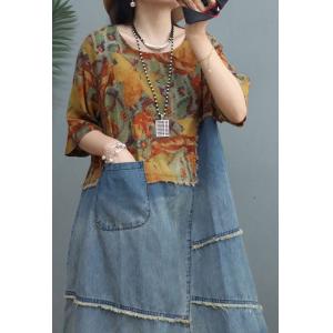 Raw Hem Denim Midi Dress Printed Fringed Jean Shift Dress