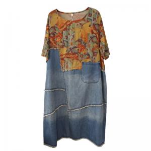 Raw Hem Denim Midi Dress Printed Fringed Jean Shift Dress