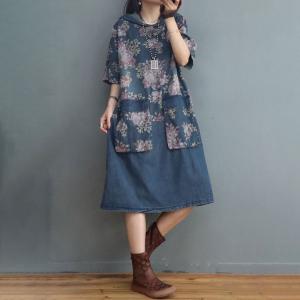 Midi Length Jean Hoodie Dress Half Sleeves Printed Dress