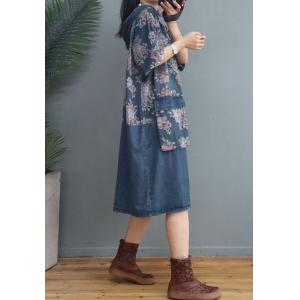 Midi Length Jean Hoodie Dress Half Sleeves Printed Dress