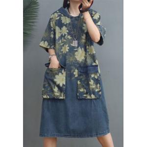 Midi Length Jean Hoodie Dress Half Sleeves Printed Dress