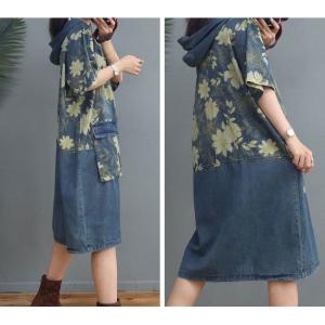 Midi Length Jean Hoodie Dress Half Sleeves Printed Dress