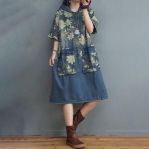 Midi Length Jean Hoodie Dress Half Sleeves Printed Dress