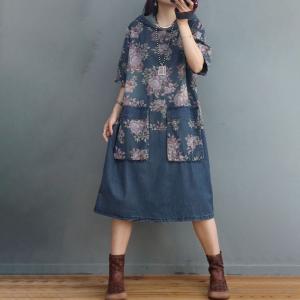 Midi Length Jean Hoodie Dress Half Sleeves Printed Dress