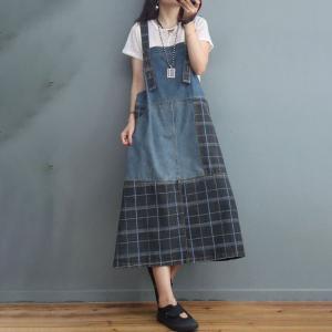 Street Style Camo Overall Dress Denim Plaid Dress