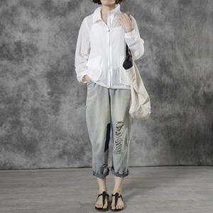 Blue Patchwork Ripped Jeans Baggy Light Wash Jeans for Women