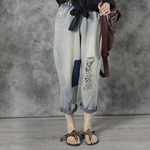 Blue Patchwork Ripped Jeans Baggy Light Wash Jeans for Women