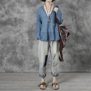 Blue Patchwork Ripped Jeans Baggy Light Wash Jeans for Women