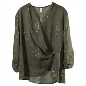 Front Button Printed Wrap Shirt Ramie Army Green Blouse