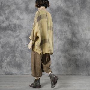 Comfy Casual Yellow Tartan Shirt Bat Sleeves Linen Blouse