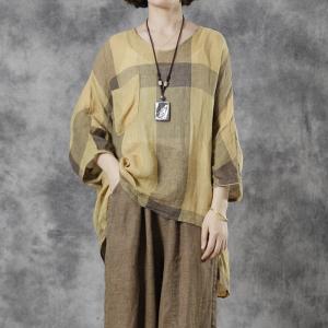 Comfy Casual Yellow Tartan Shirt Bat Sleeves Linen Blouse