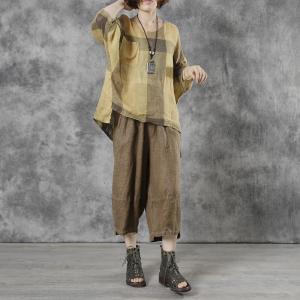 Comfy Casual Yellow Tartan Shirt Bat Sleeves Linen Blouse