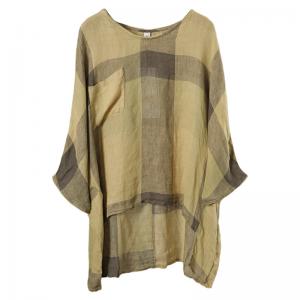 Comfy Casual Yellow Tartan Shirt Bat Sleeves Linen Blouse