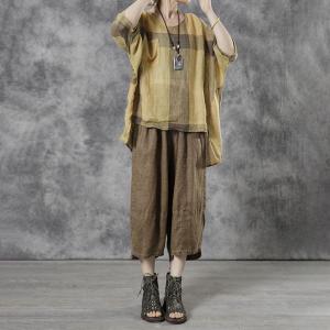 Comfy Casual Yellow Tartan Shirt Bat Sleeves Linen Blouse