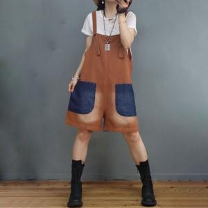 Front Pockets Stone Wash Denim Rompers Wide Leg Overall Shorts