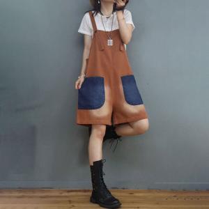 Front Pockets Stone Wash Denim Rompers Wide Leg Overall Shorts