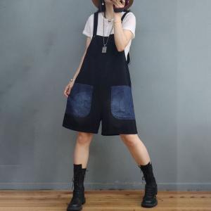 Front Pockets Stone Wash Denim Rompers Wide Leg Overall Shorts