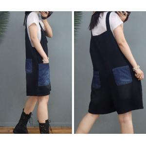 Front Pockets Stone Wash Denim Rompers Wide Leg Overall Shorts