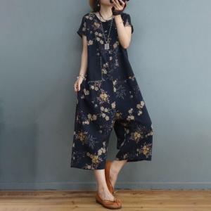 Chinese Style Floral Jumpsuits Cotton Linen Beach Outfits