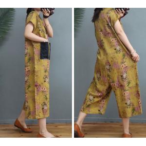 Chinese Style Floral Jumpsuits Cotton Linen Beach Outfits