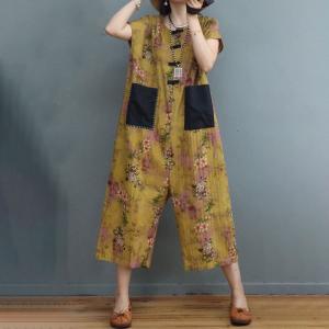 Chinese Style Floral Jumpsuits Cotton Linen Beach Outfits