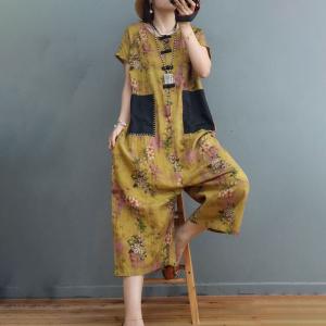 Chinese Style Floral Jumpsuits Cotton Linen Beach Outfits