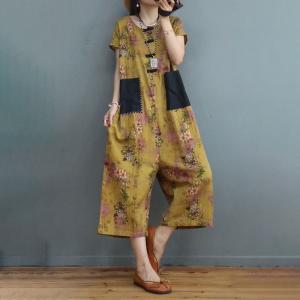 Chinese Style Floral Jumpsuits Cotton Linen Beach Outfits