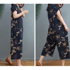 Chinese Style Floral Jumpsuits Cotton Linen Beach Outfits