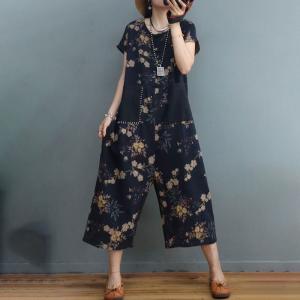 Chinese Style Floral Jumpsuits Cotton Linen Beach Outfits