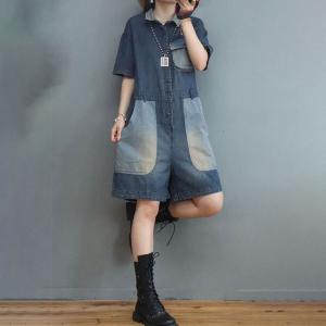 Trendy Pockets Wide Leg Jumpsuits Denim Short Coveralls