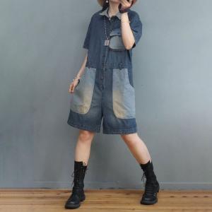 Trendy Pockets Wide Leg Jumpsuits Denim Short Coveralls