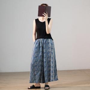 Folk Totem Prints Blue Gaucho Pants Cotton Linen Ankle Pants