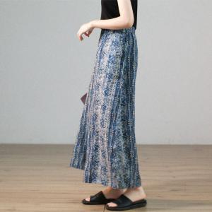 Folk Totem Prints Blue Gaucho Pants Cotton Linen Ankle Pants