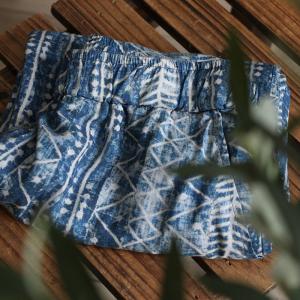 Folk Totem Prints Blue Gaucho Pants Cotton Linen Ankle Pants