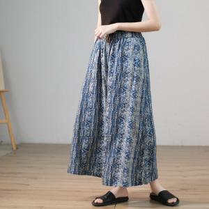 Folk Totem Prints Blue Gaucho Pants Cotton Linen Ankle Pants