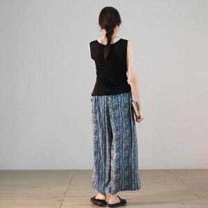 Folk Totem Prints Blue Gaucho Pants Cotton Linen Ankle Pants